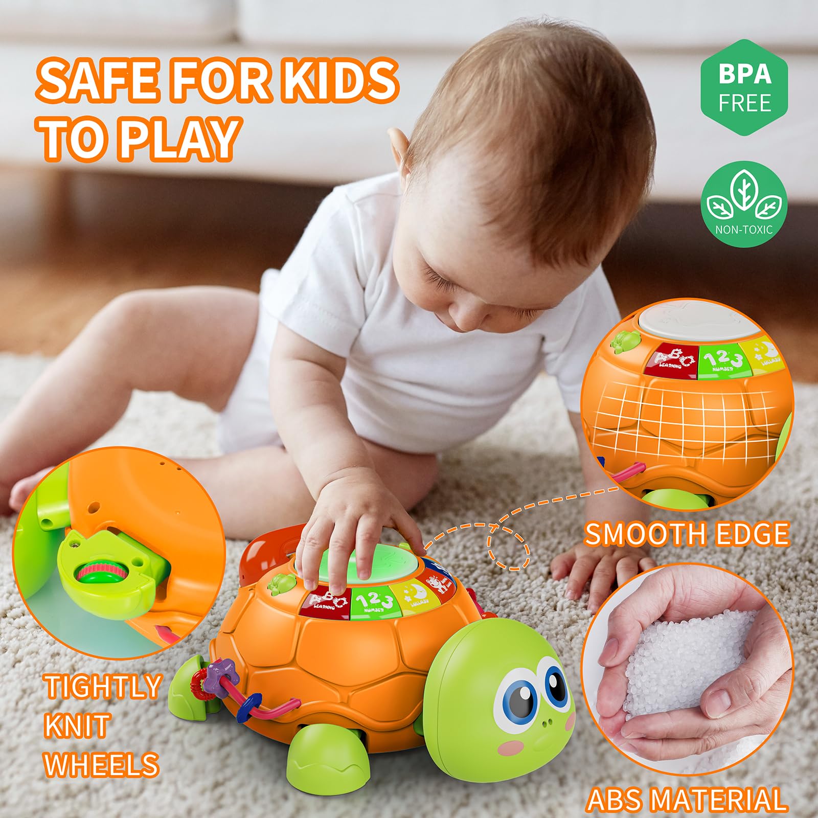 Letapapa turtle toy includes a volume control for safe, gentle play sessions.