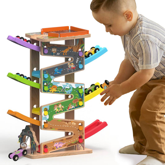Letoiz dino race track ramps promote coordinated play with bright colors.