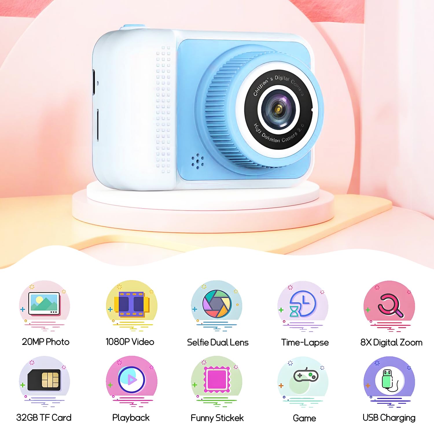 LETONGJH Kids Camera blue 32GB card included for instant storage.