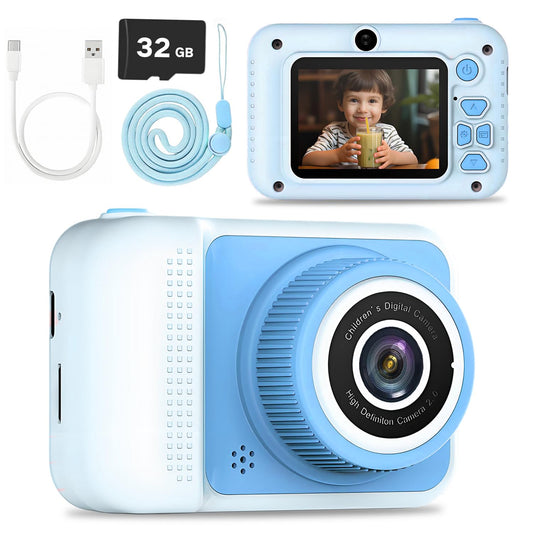 LETONGJH Kids Camera blue front view showing a compact, kid-friendly design.