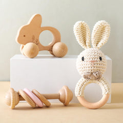 lets-make rabbit crochet rattle with bell for gentle sound development.