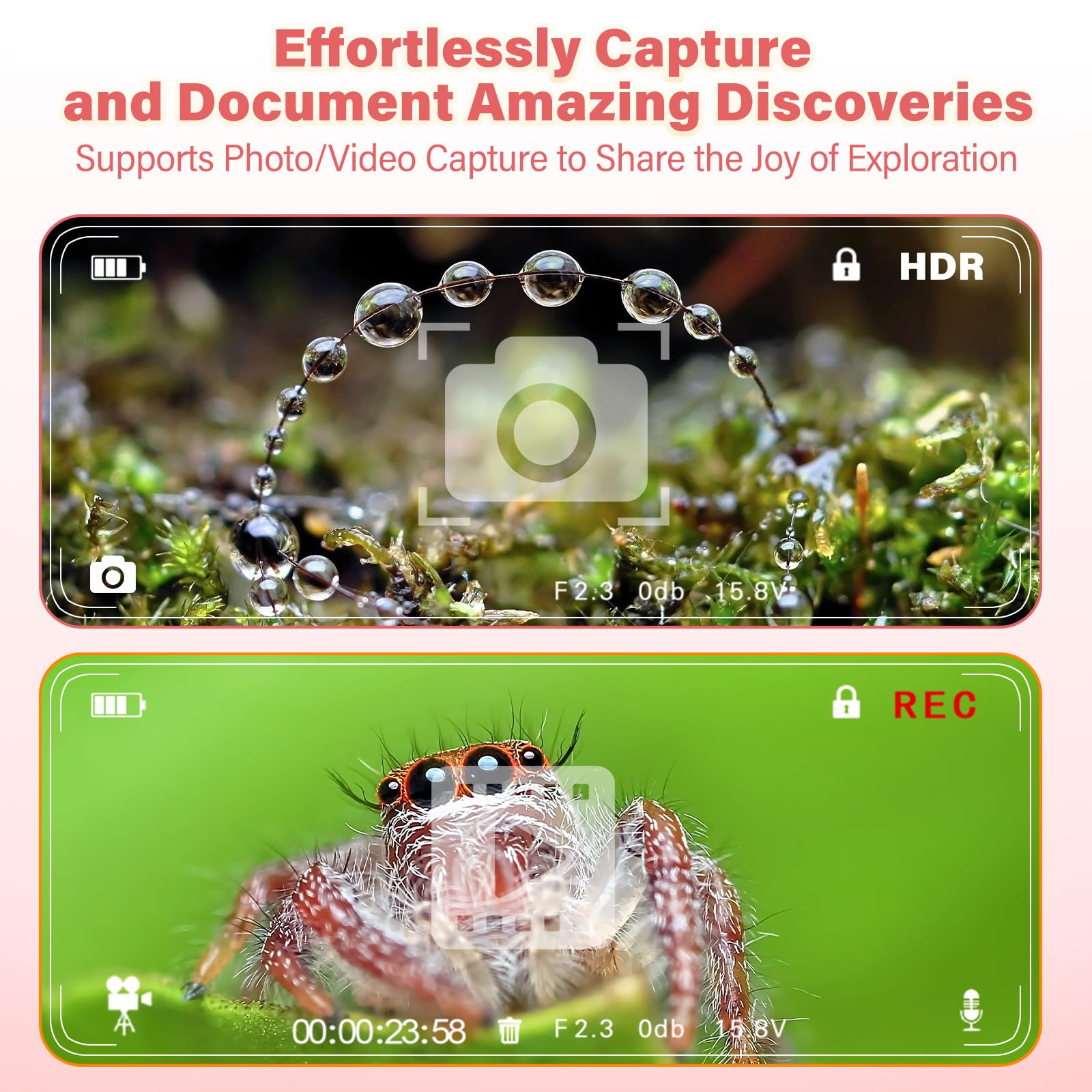 LEUOA Kids Microscope LED lights for bright indoor or outdoor use.