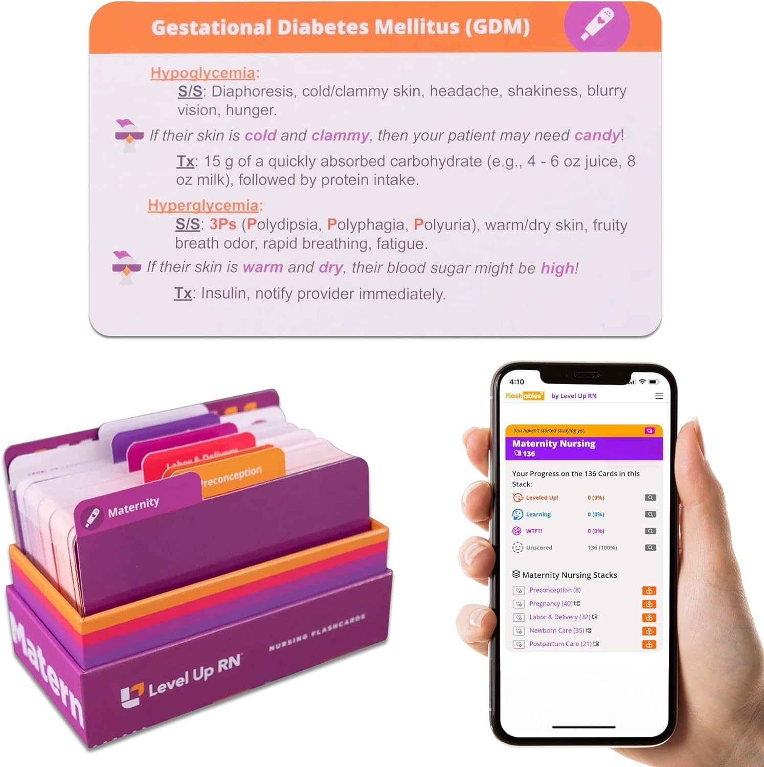 Level Up RN Maternity flashcards box front with 140 essential study cards