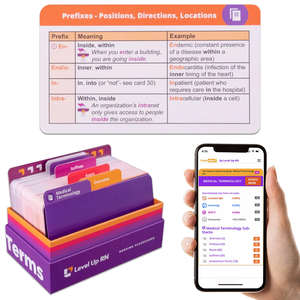 Level Up RN Medical Terminology Flash Cards cover image showing organized study materials