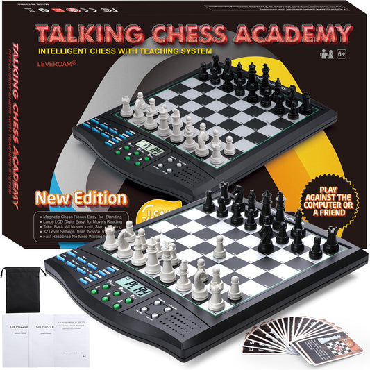 LEVEROAM Talking Chess Academy display shows real-time moves for focused practice