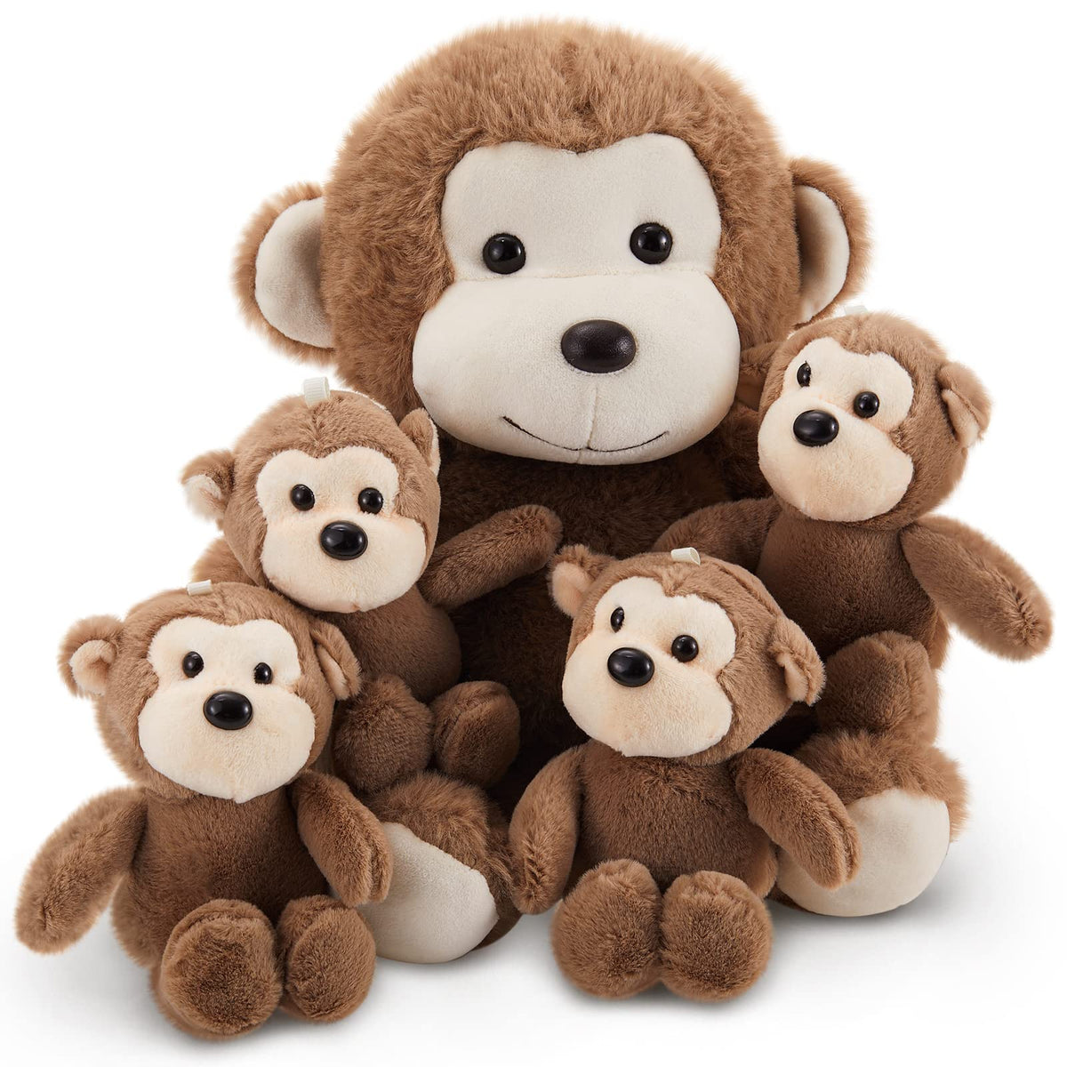Lewtemi 5-piece monkey plush set displayed together for playful room decor and cuddly companionship