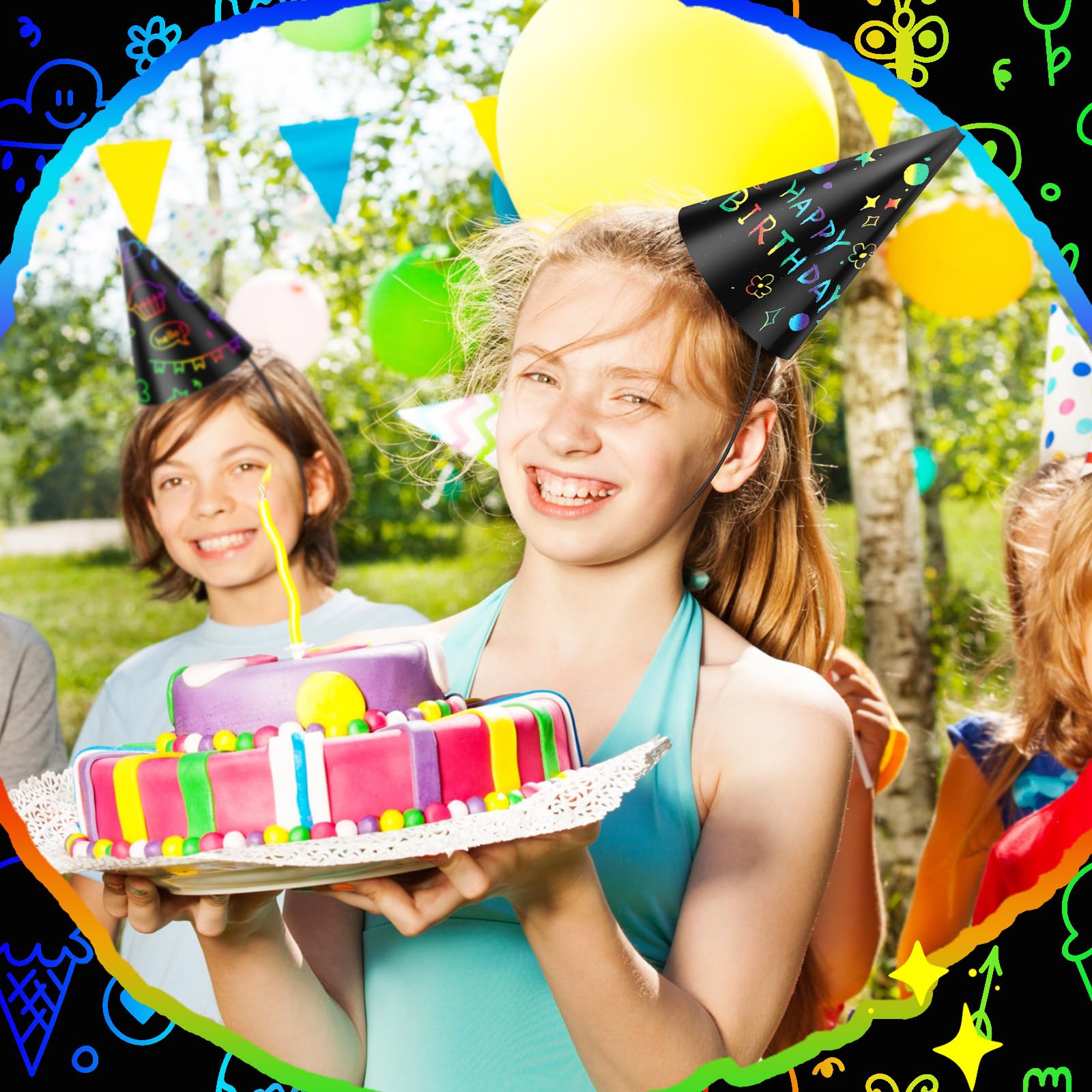 Lewtemi colorful cone hats create memorable photos and guest participation.