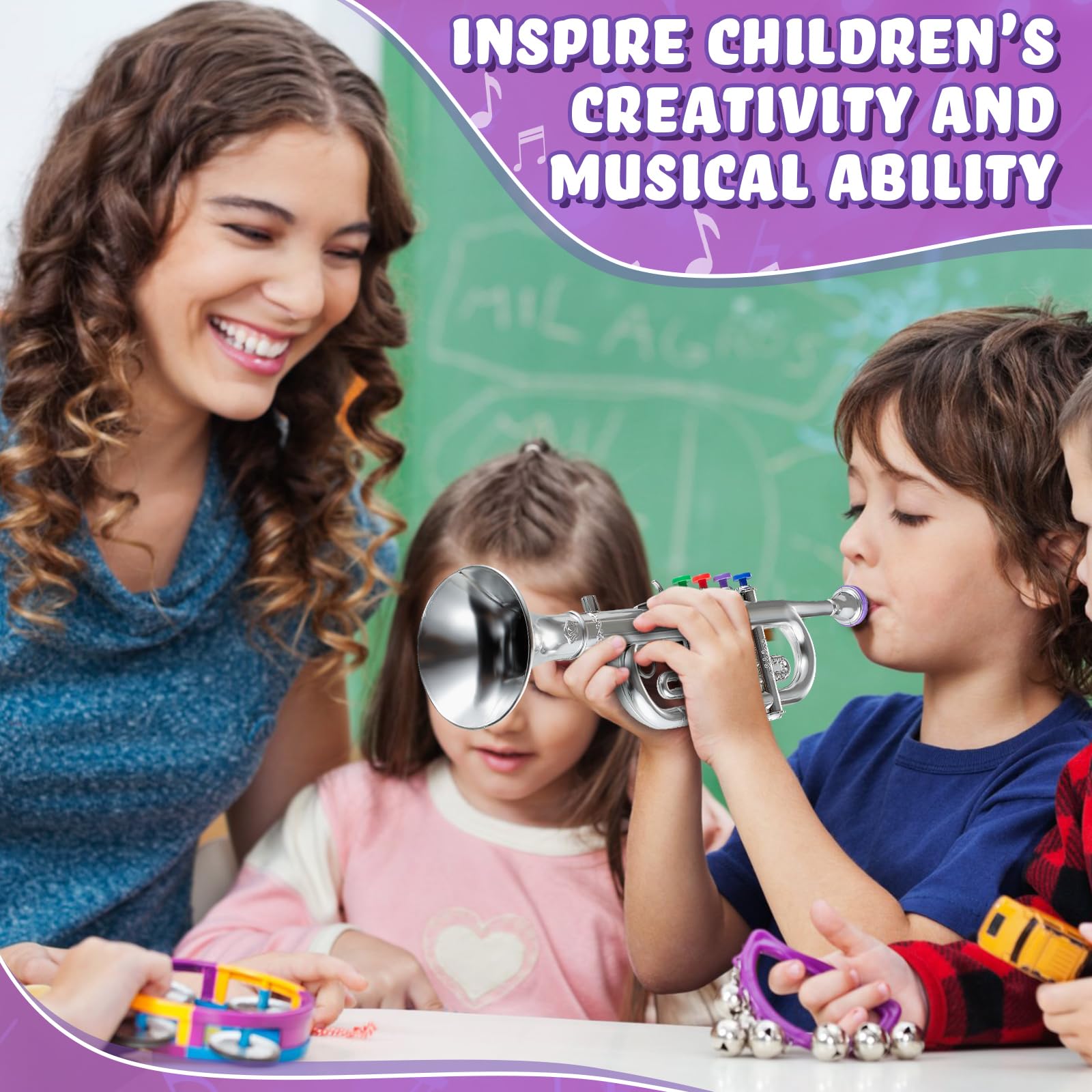 Lewtemi toy trumpet aids rhythm and melody awareness during home practice.