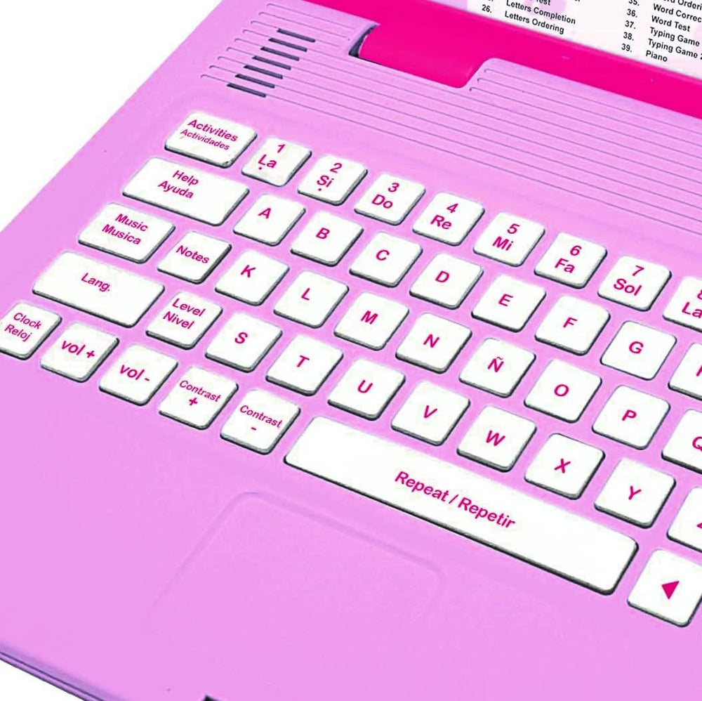 LEXiBOOK Barbie laptop keyboard close-up highlighting realistic inputs for learning sessions.