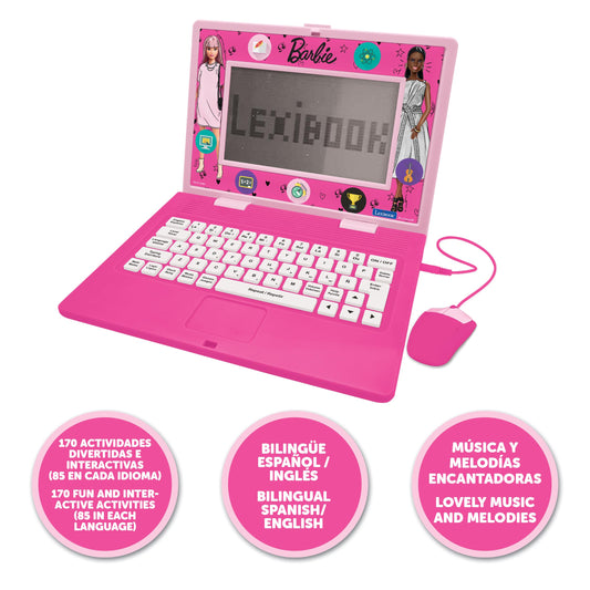 Lexibook Barbie laptop open screen shows vibrant animations supporting Spanish and English exploration