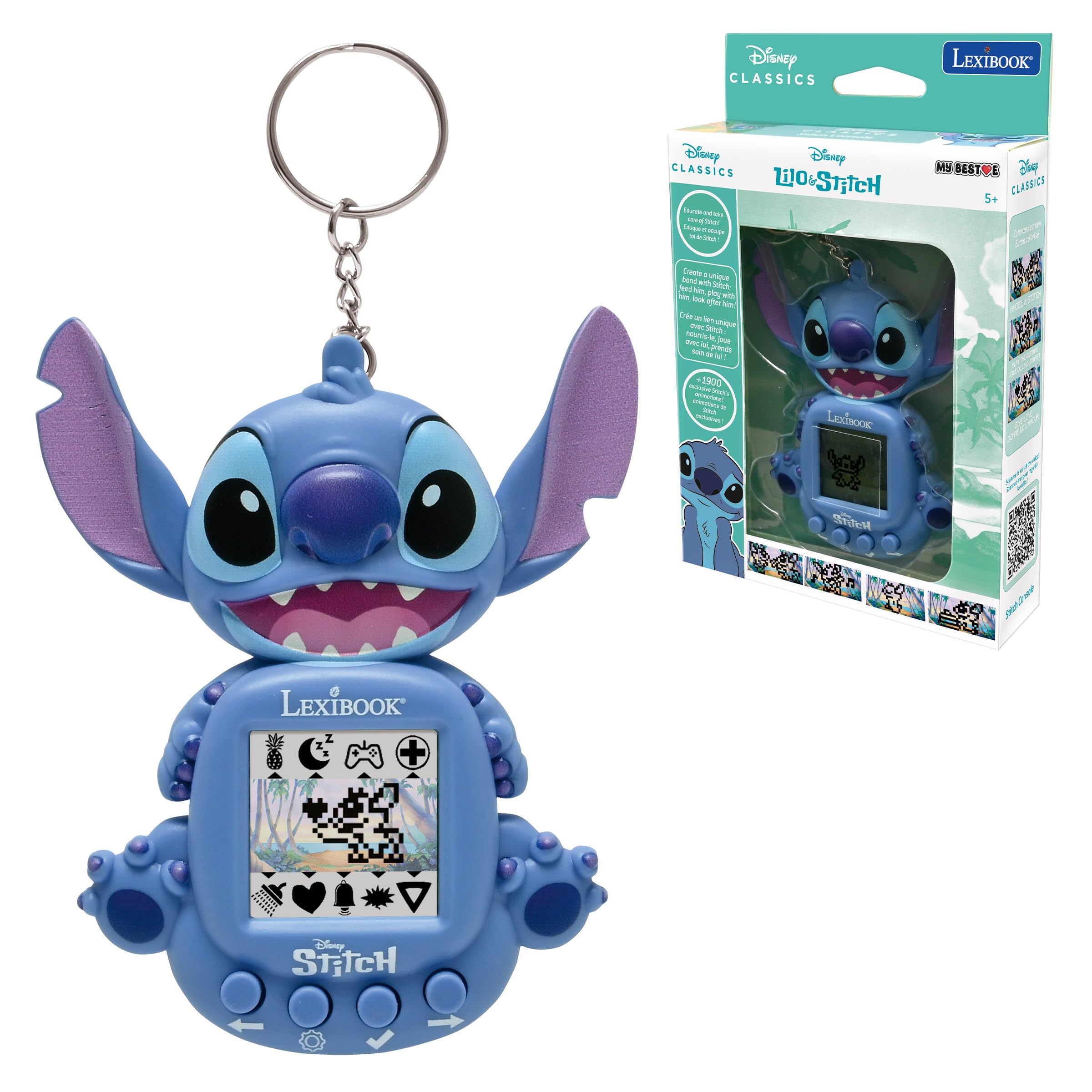 Lexibook Stitch console front view with vibrant colors for on-the-go play.