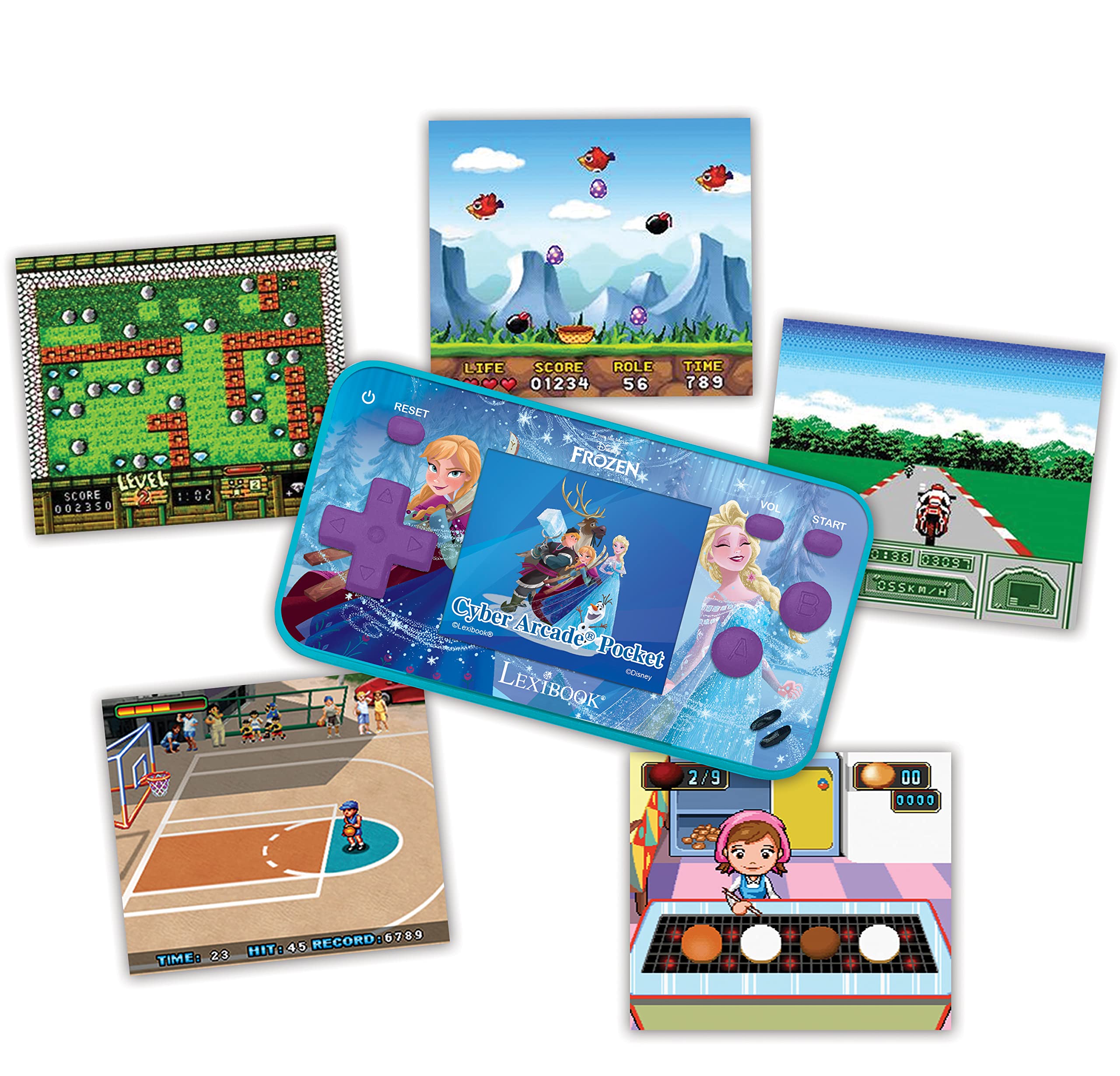 Lexibook Frozen Arcade Pocket Console side view emphasizes slim, pocket-worthy profile
