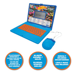 Lexibook Hot Wheels laptop open screen display reveals bilingual activities for math and language.