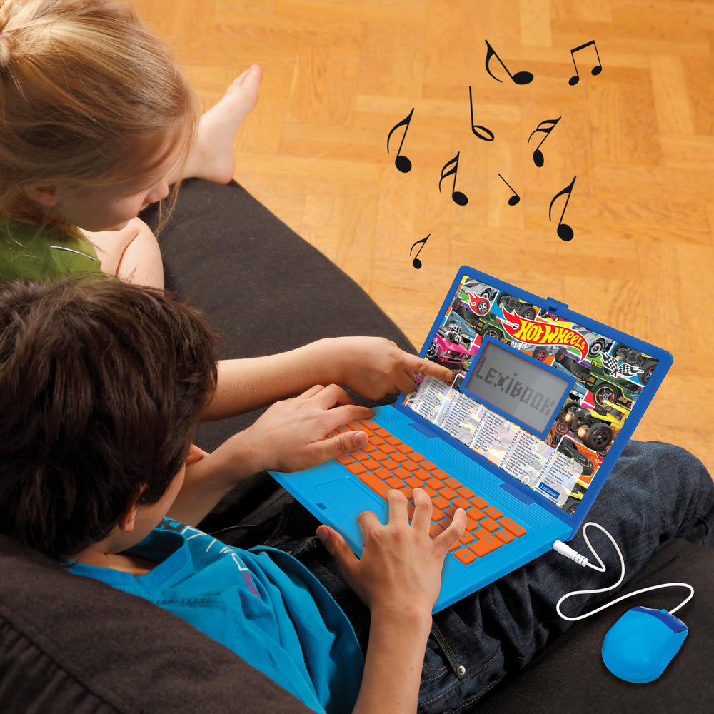 Lexibook Hot Wheels laptop side profile highlights slim, realistic design.