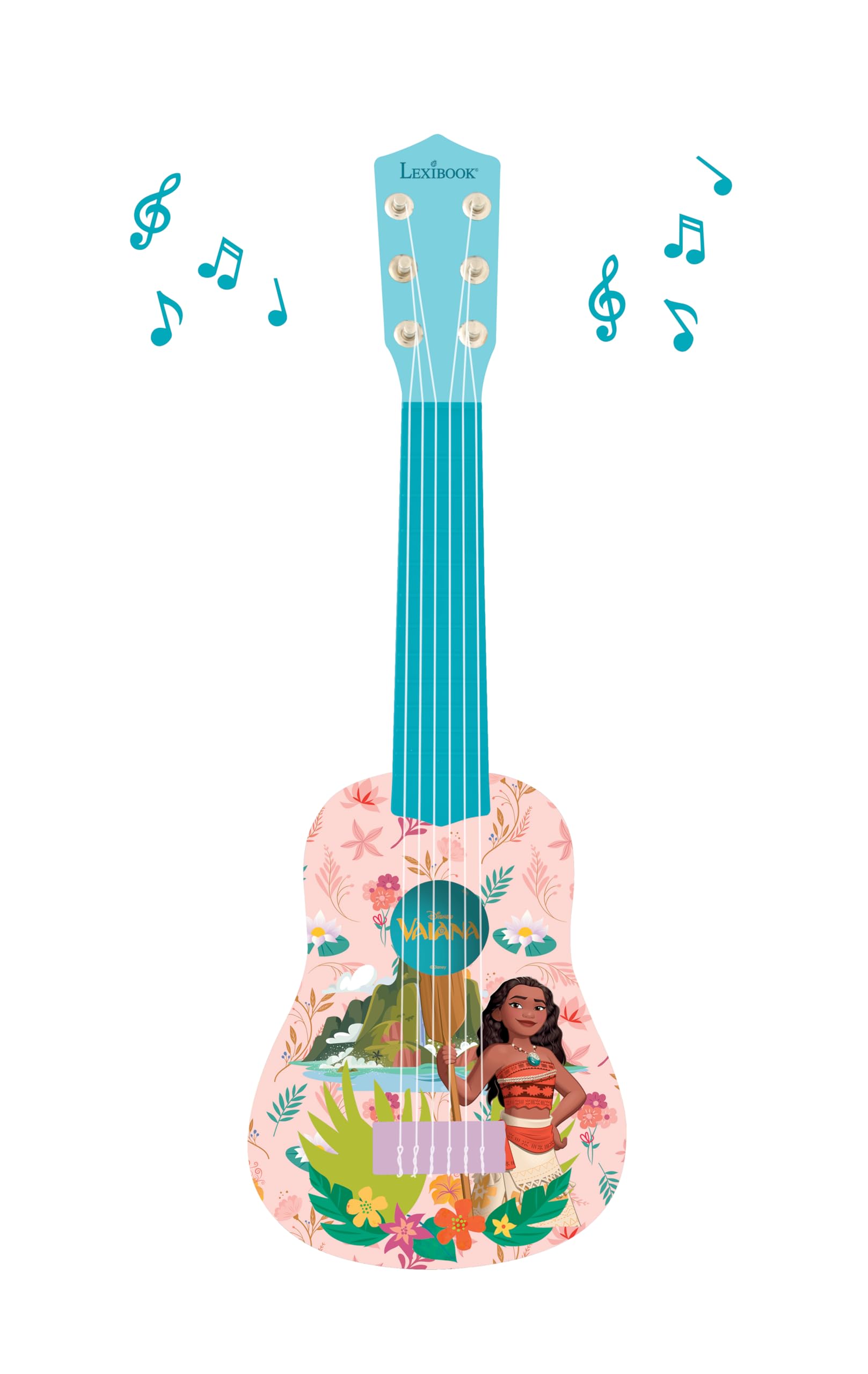 Lexibook Moana guitar nylon strings close up, soft sound for small hands.