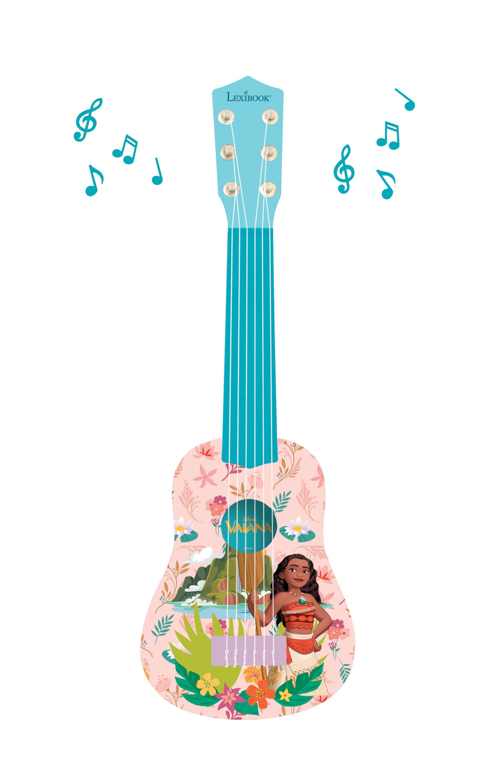 Lexibook Moana guitar nylon strings close up, soft sound for small hands.