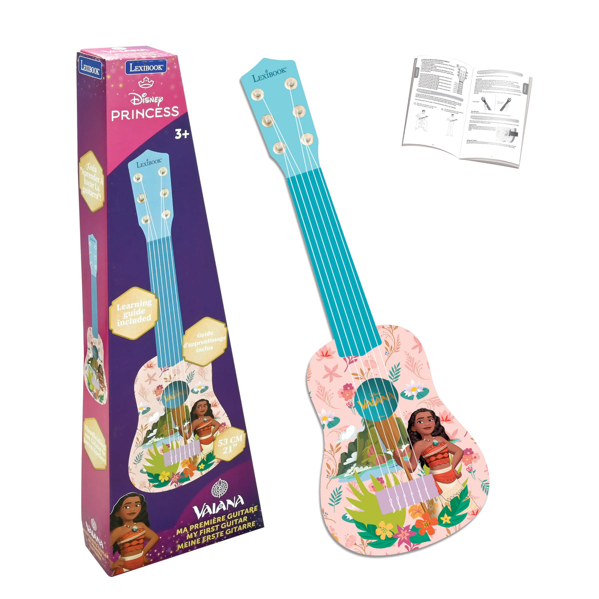 Lexibook Moana guitar pink blue front view for kids, ideal beginner instrument.