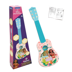 Lexibook Moana guitar pink blue front view for kids, ideal beginner instrument.