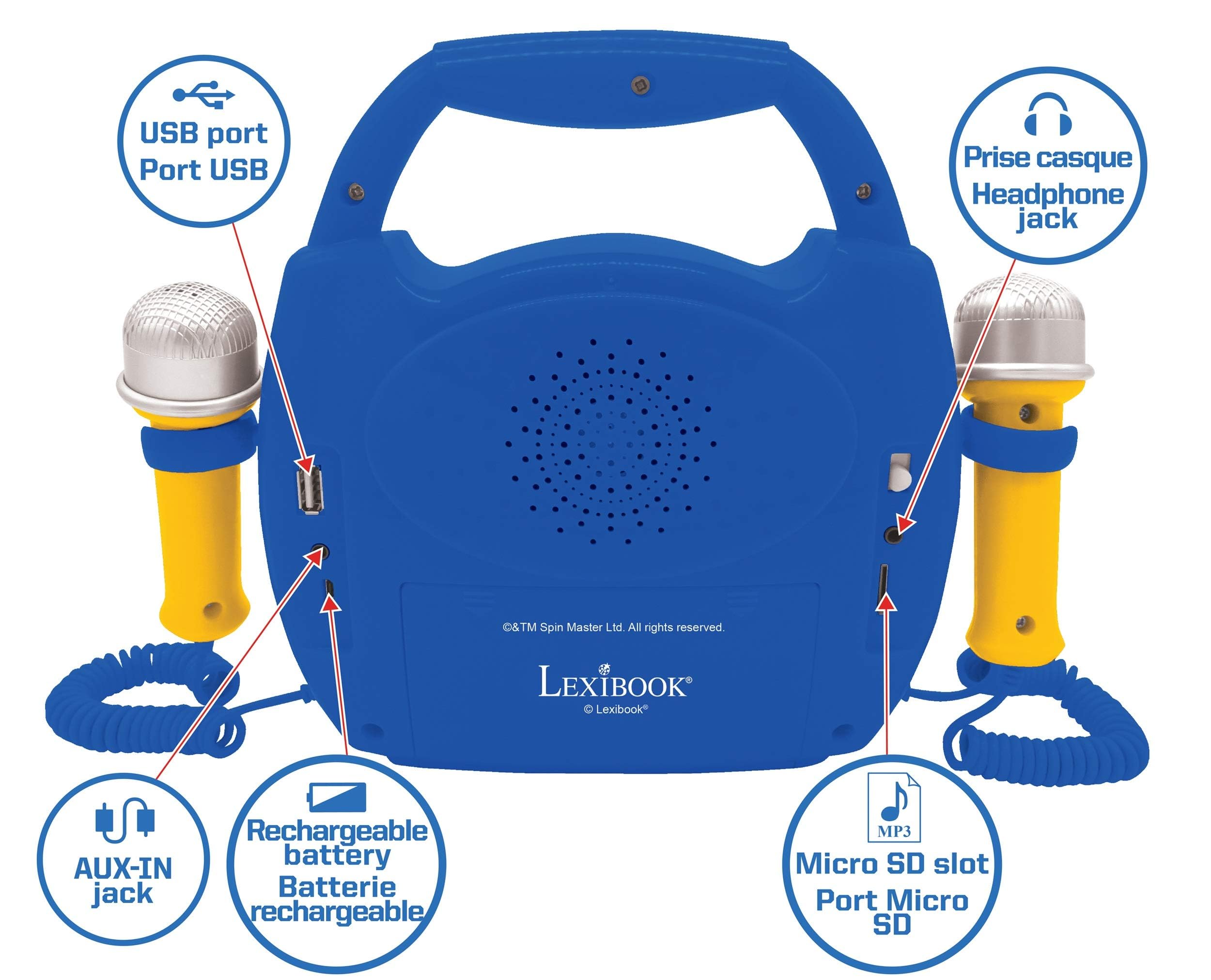 LEXiBOOK Paw Patrol AUX/USB/TF slots to play music from external devices.