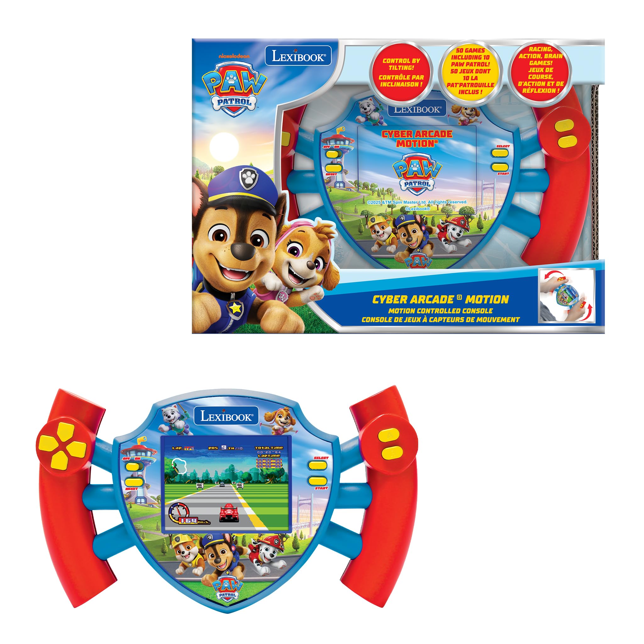 Lexibook Paw Patrol Cyber Arcade Console front view, compact design for easy transport.