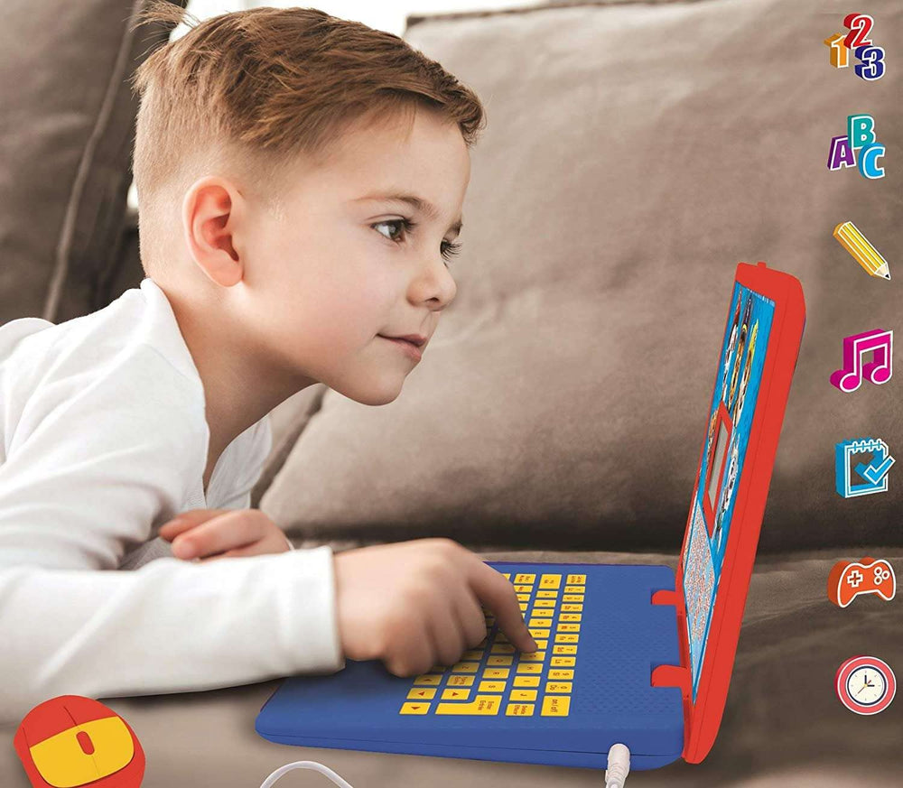 LEXiBOOK Paw Patrol child hands using the laptop for interactive games and practice