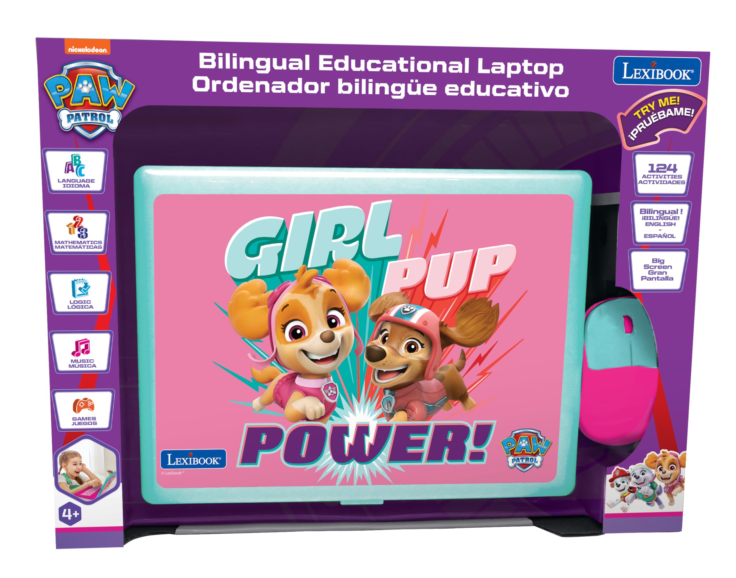 Lexibook Paw Patrol laptop displaying 124 bilingual activities in English and Spanish