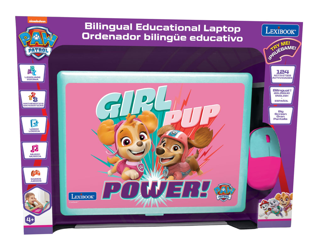 Lexibook Paw Patrol laptop displaying 124 bilingual activities in English and Spanish