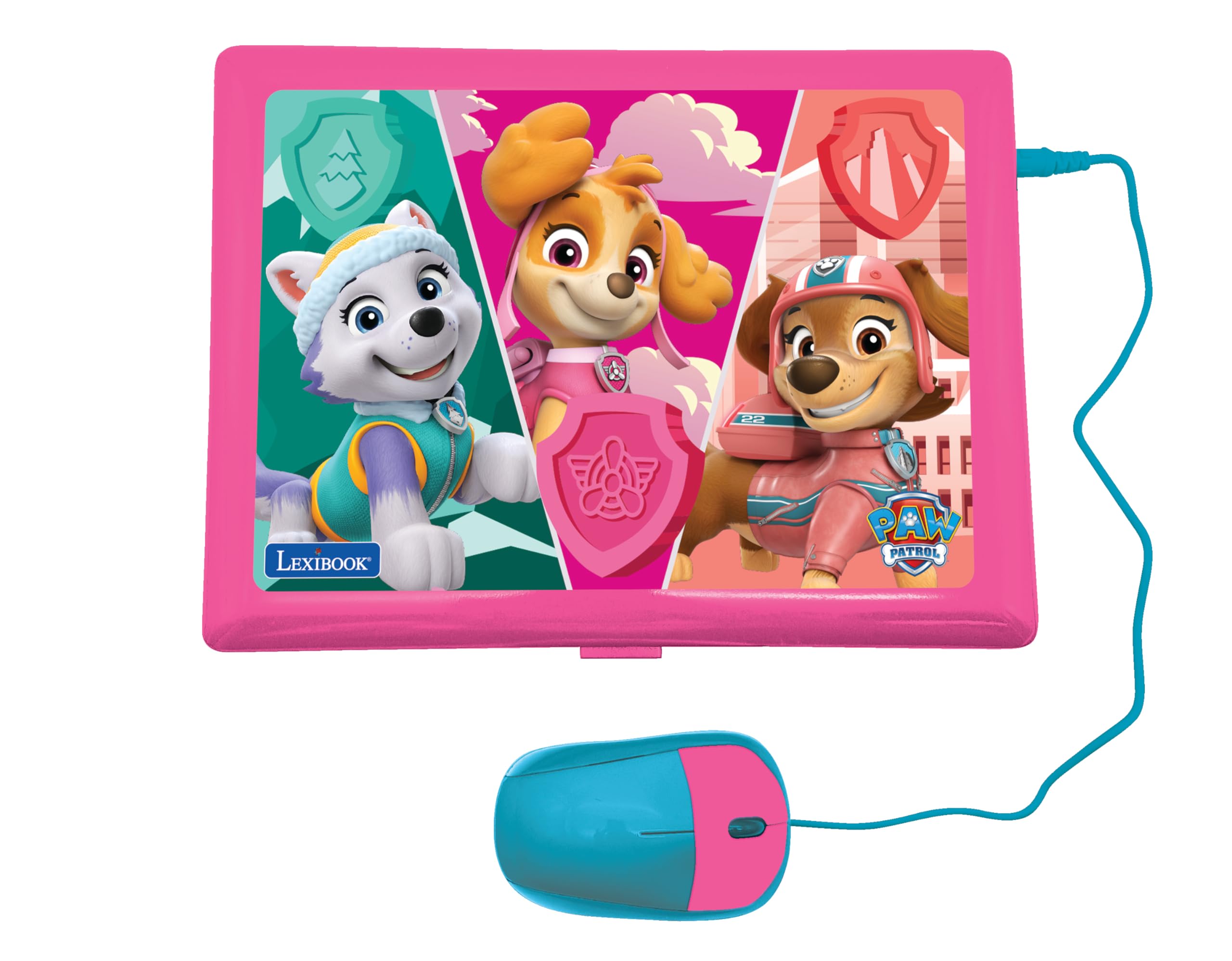 LEXiBOOK Paw Patrol laptop side angle highlighting ergonomic design for small hands.
