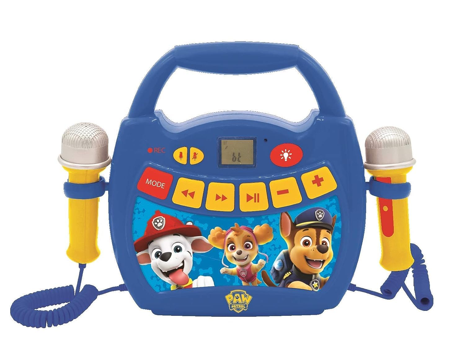 LEXiBOOK Paw Patrol portable karaoke player in blue and red for kid-friendly sing-alongs.