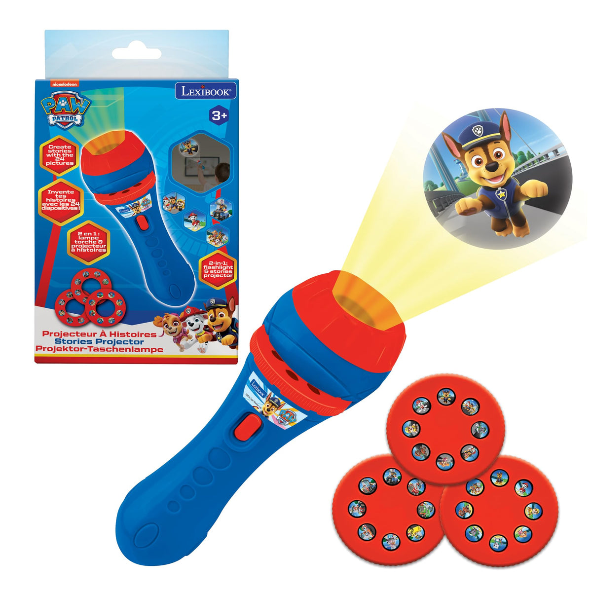 LEXiBOOK Paw Patrol projector displays Chase on the wall for bedtime stories.