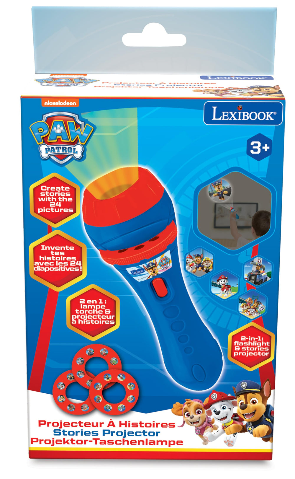 LEXiBOOK Paw Patrol projector demonstrates story sequence between discs.