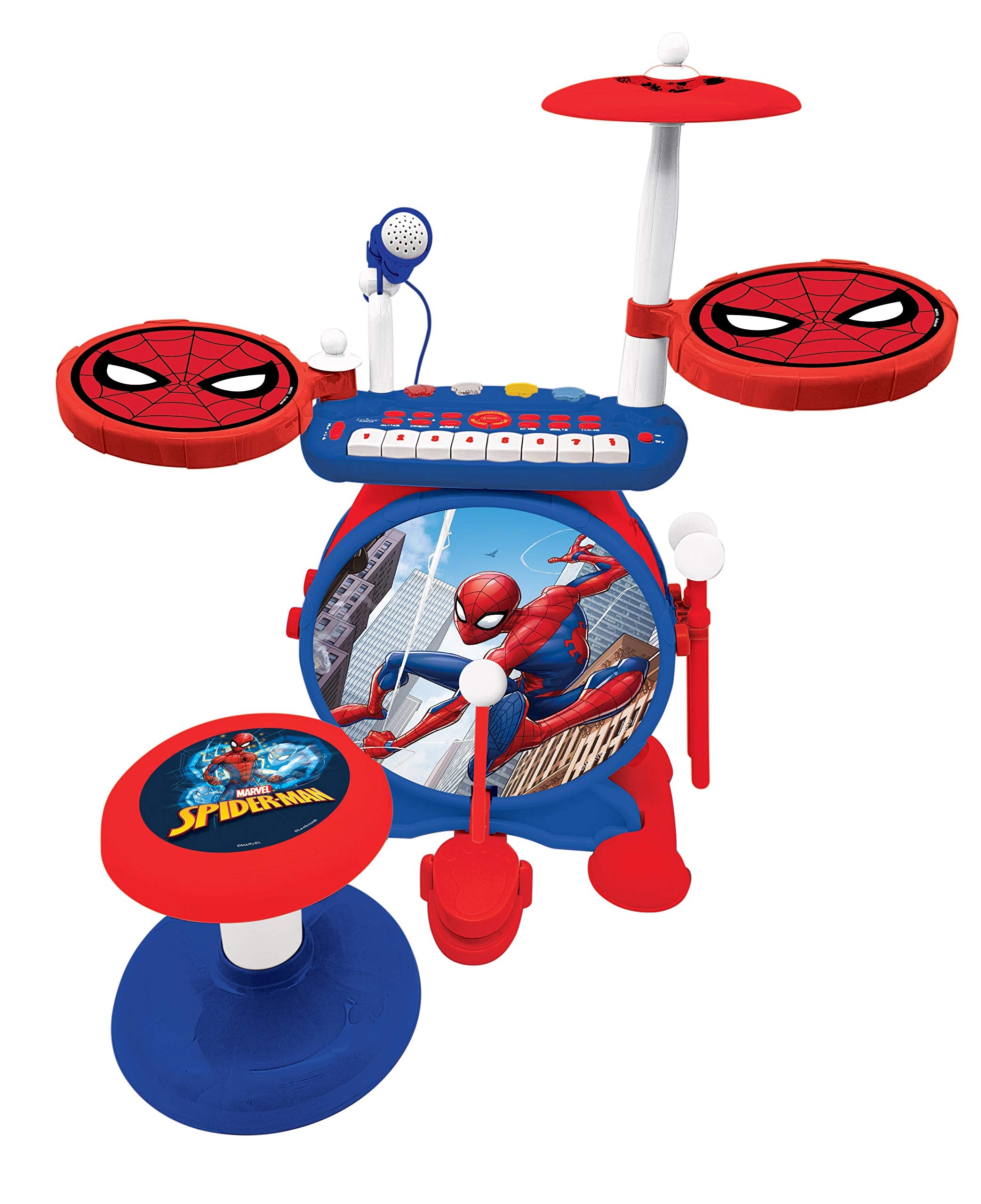 LEXiBOOK Spider-Man drum set front view for kids rhythm practice and play.