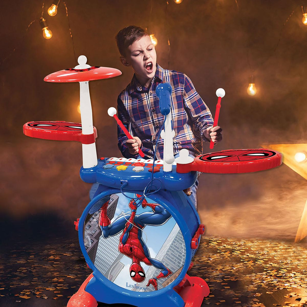 LEXiBOOK Spider-Man drum set keyboard and mic setup for interactive performances.