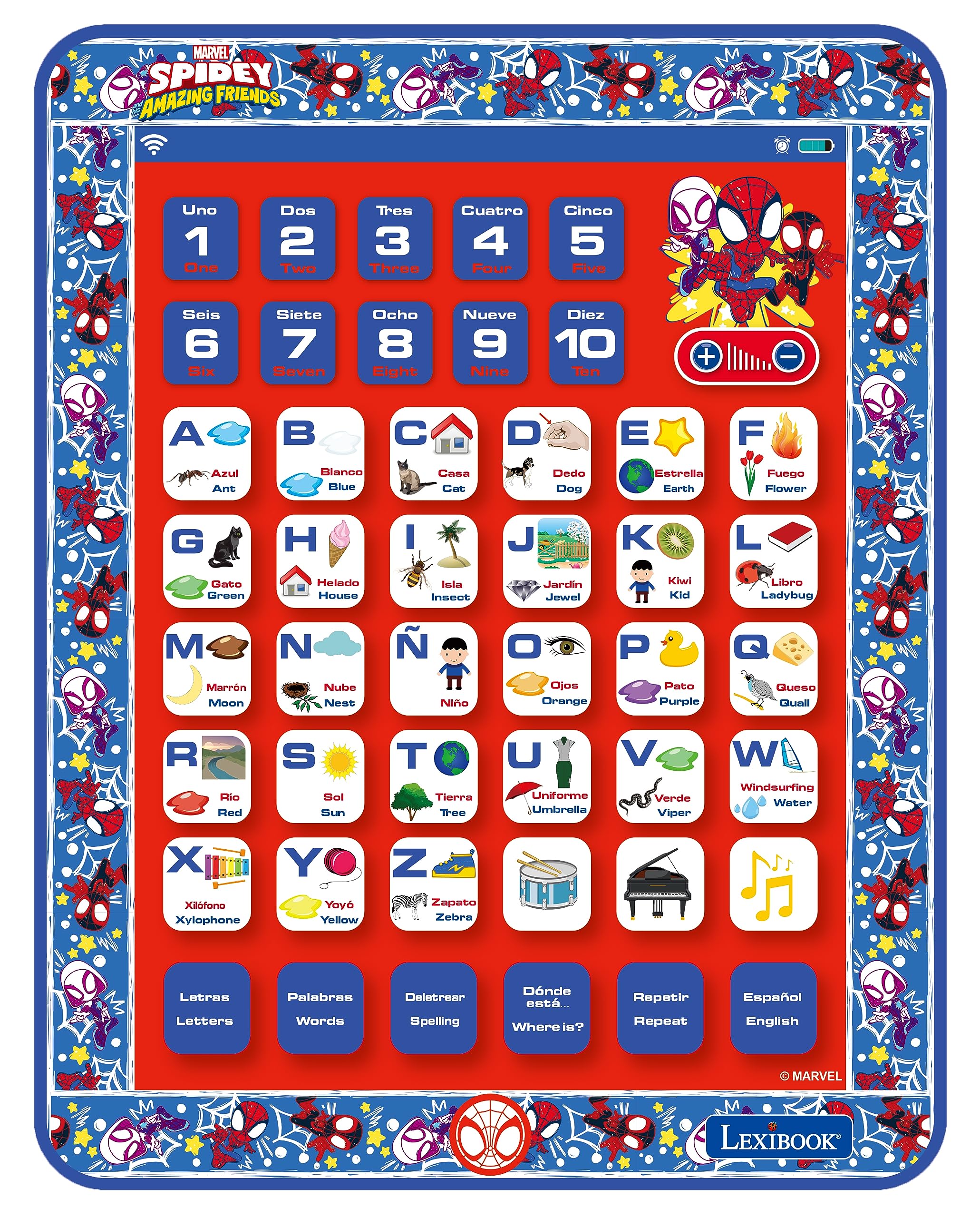 LEXiBOOK Spidey tablet front view highlights bilingual learning on the go