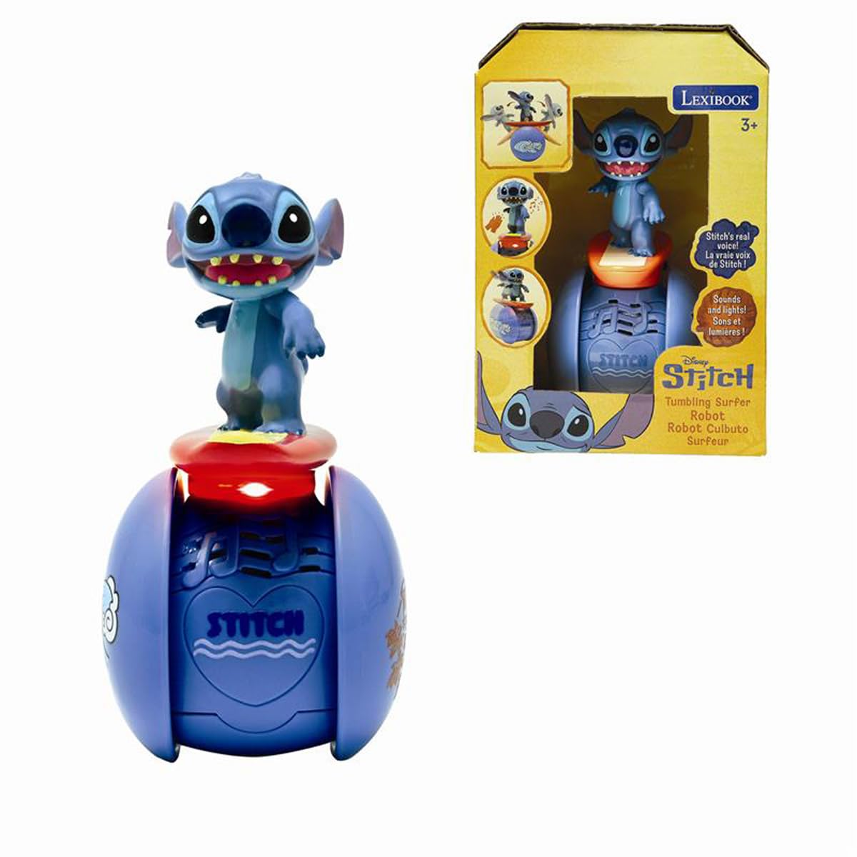 LEXiBOOK Stitch Surfer Robot front view with engaging LED lights for play