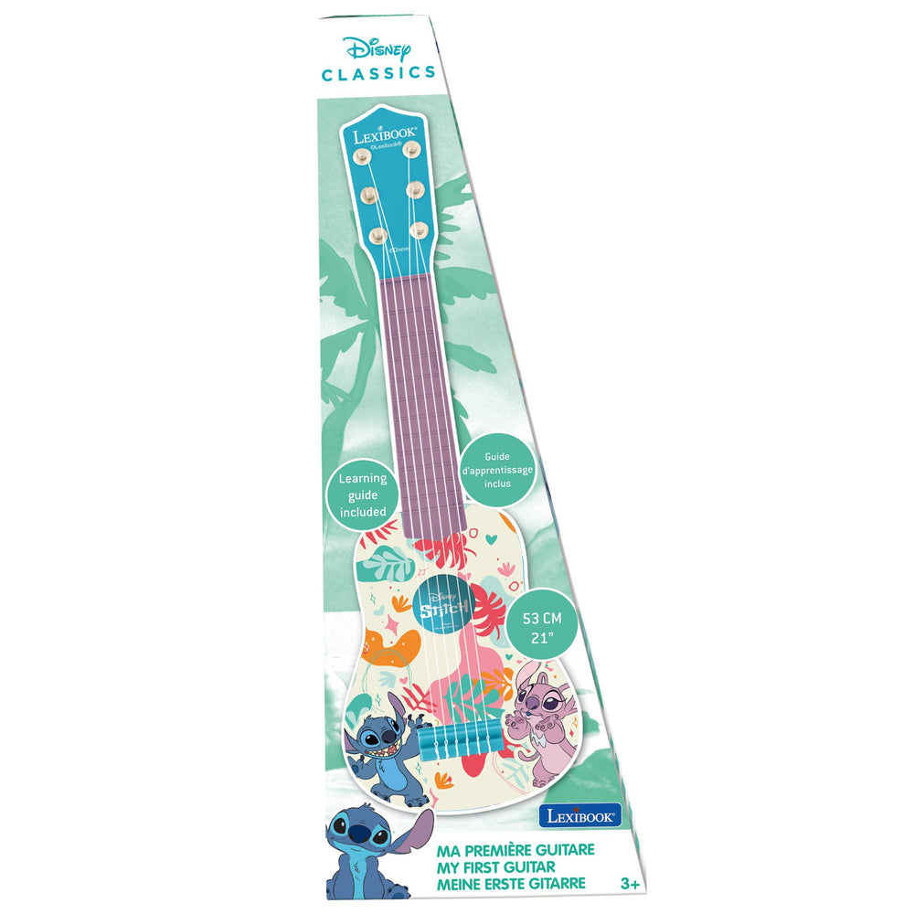 Tunable Lexibook Stitch guitar supports ear development; tuner not included.