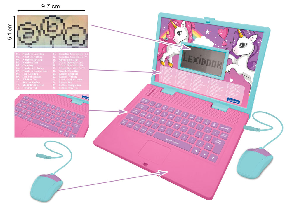 LEXiBOOK Unicorn Laptop bilingual activities display for language learning content