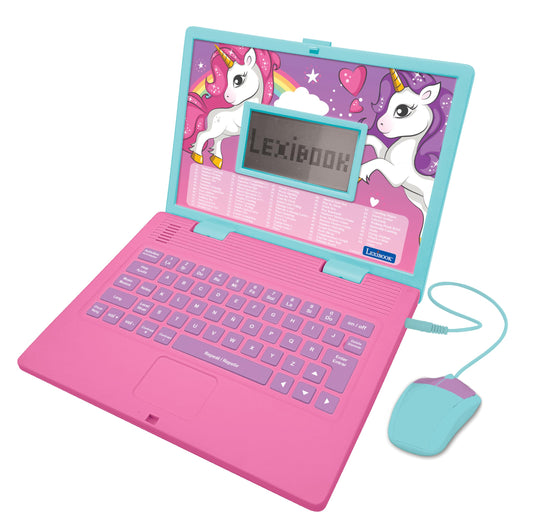 LEXiBOOK Unicorn Laptop opened with a colorful LCD screen for bilingual learning