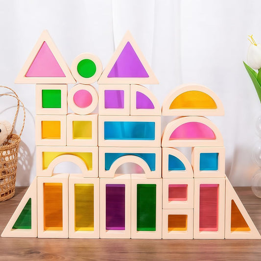 Lexza Rainbow Blocks — transparent pieces reveal color depth as light passes through.