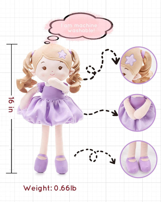 LeyaDoll Starlet Purple 16-inch body highlights plush comfort during playtime.