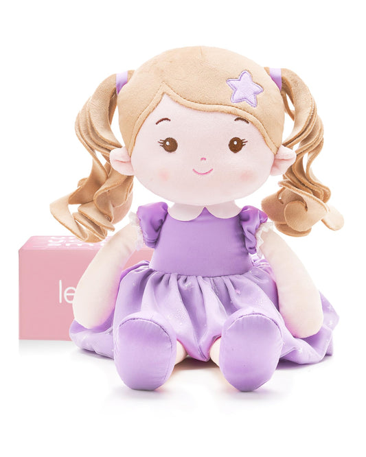 LeyaDoll Starlet Purple 16-inch face close-up shows soft, cuddly features for hugs.