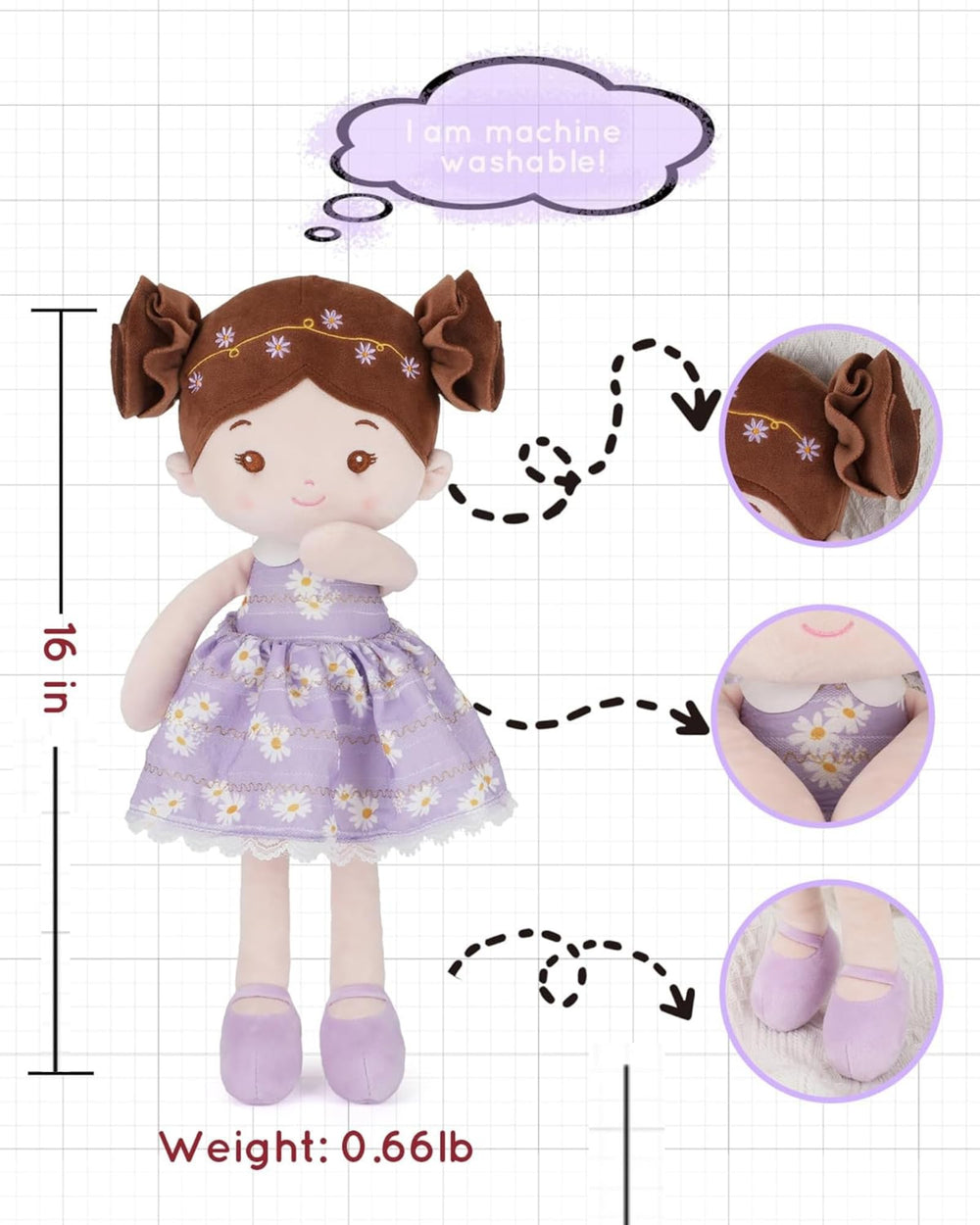 LeyaDoll 16-inch Daisy design offers beginner-friendly cuddles and soft textures.
