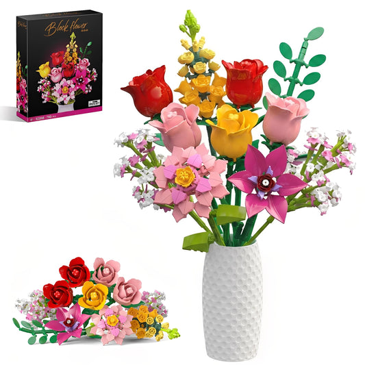 Leyic Flowers Bouquet Building Set assembly view showing versatile stems for custom arrangements