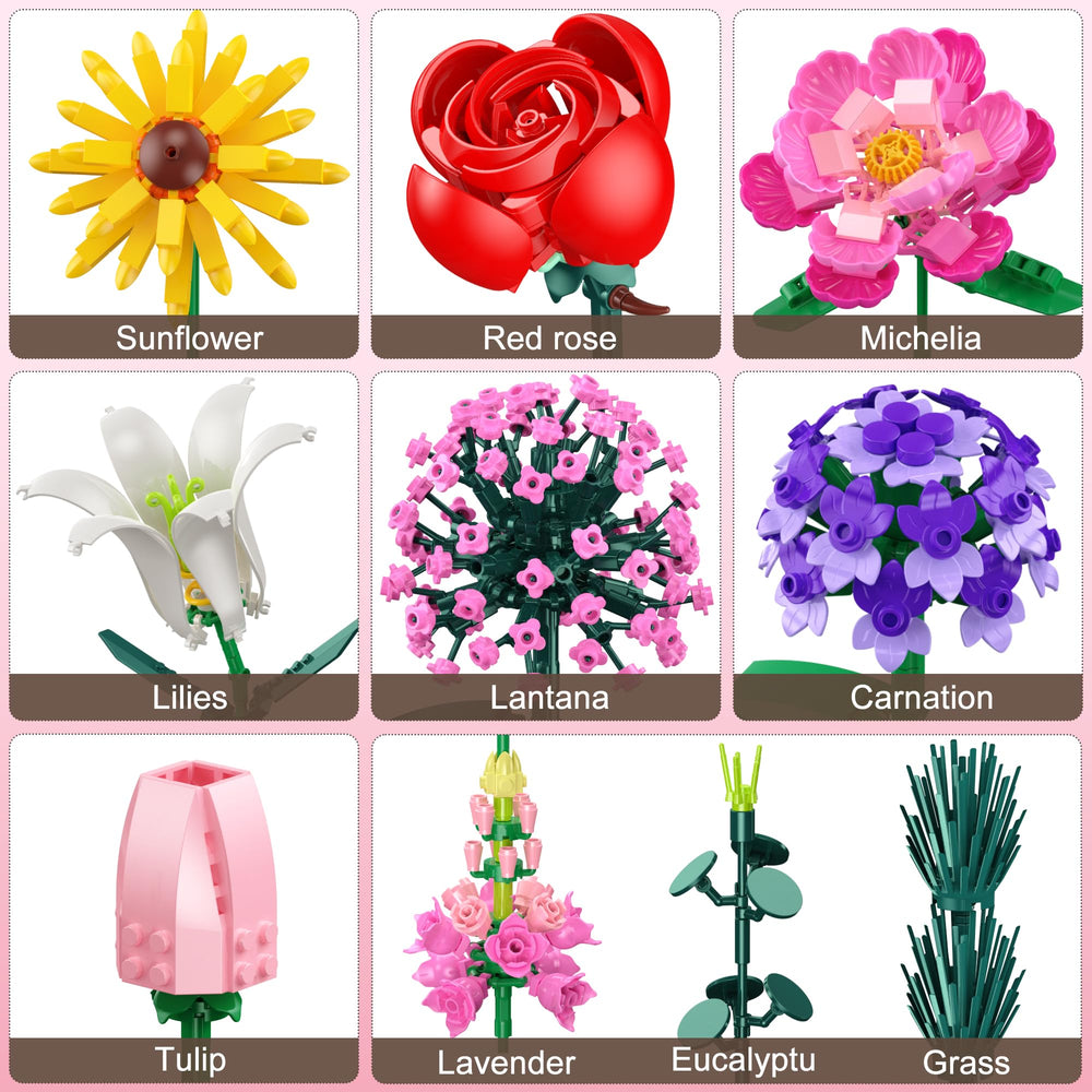 Leyic bouquet blocks show durable ABS pieces for long-lasting DIY designs.