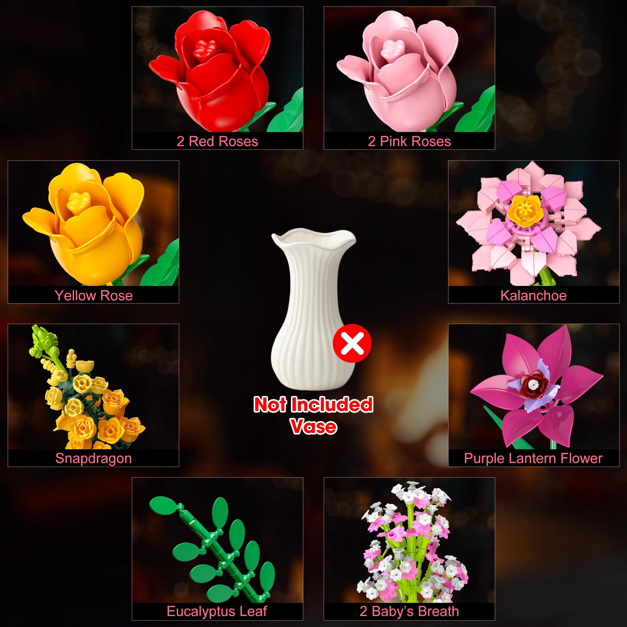 Leyic Flowers Bouquet Building Set petal closeup emphasizes realistic textures for decor