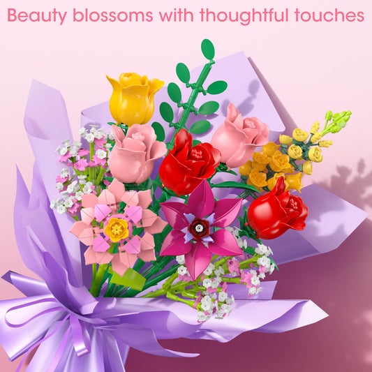 Leyic Flowers Bouquet Building Set rose detail highlights lifelike petals and color