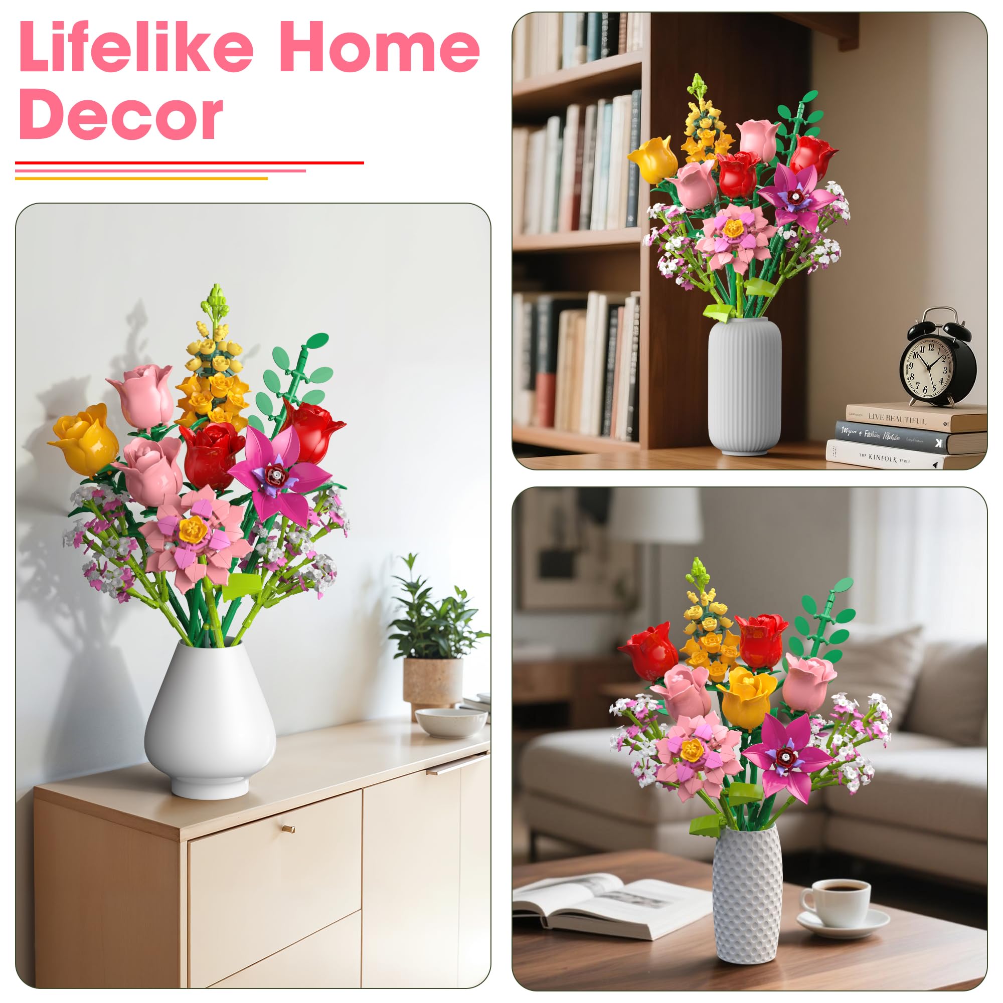 Leyic Flowers Bouquet Building Set vase idea demonstrates styling in various containers