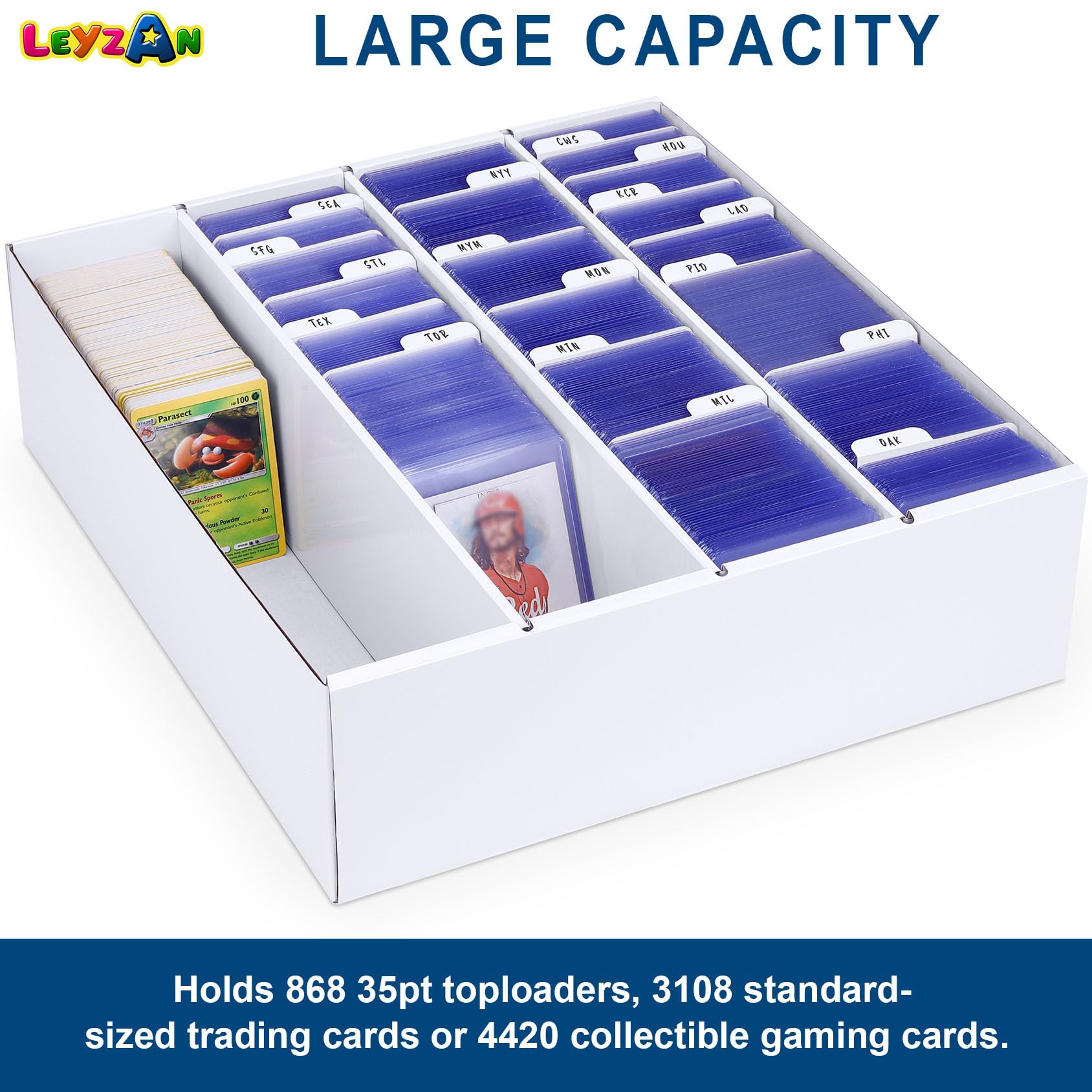 Leyzan card storage box compatible with TCG MTG Yu-Gi-Oh cards.