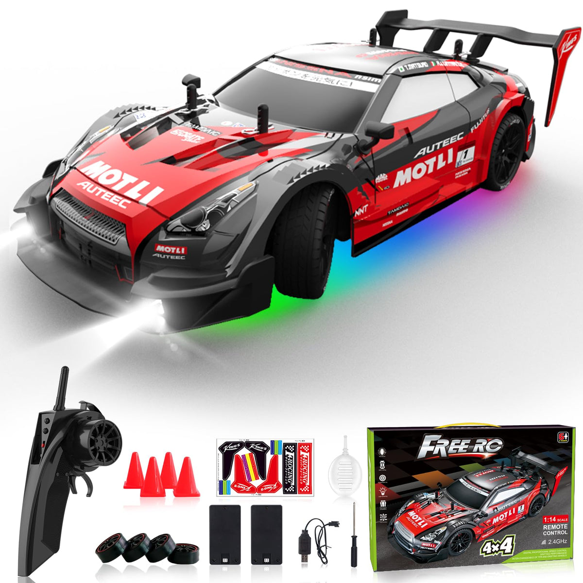 LFOLUSU RC drift car 1:16 scale front view for high speed drifting.