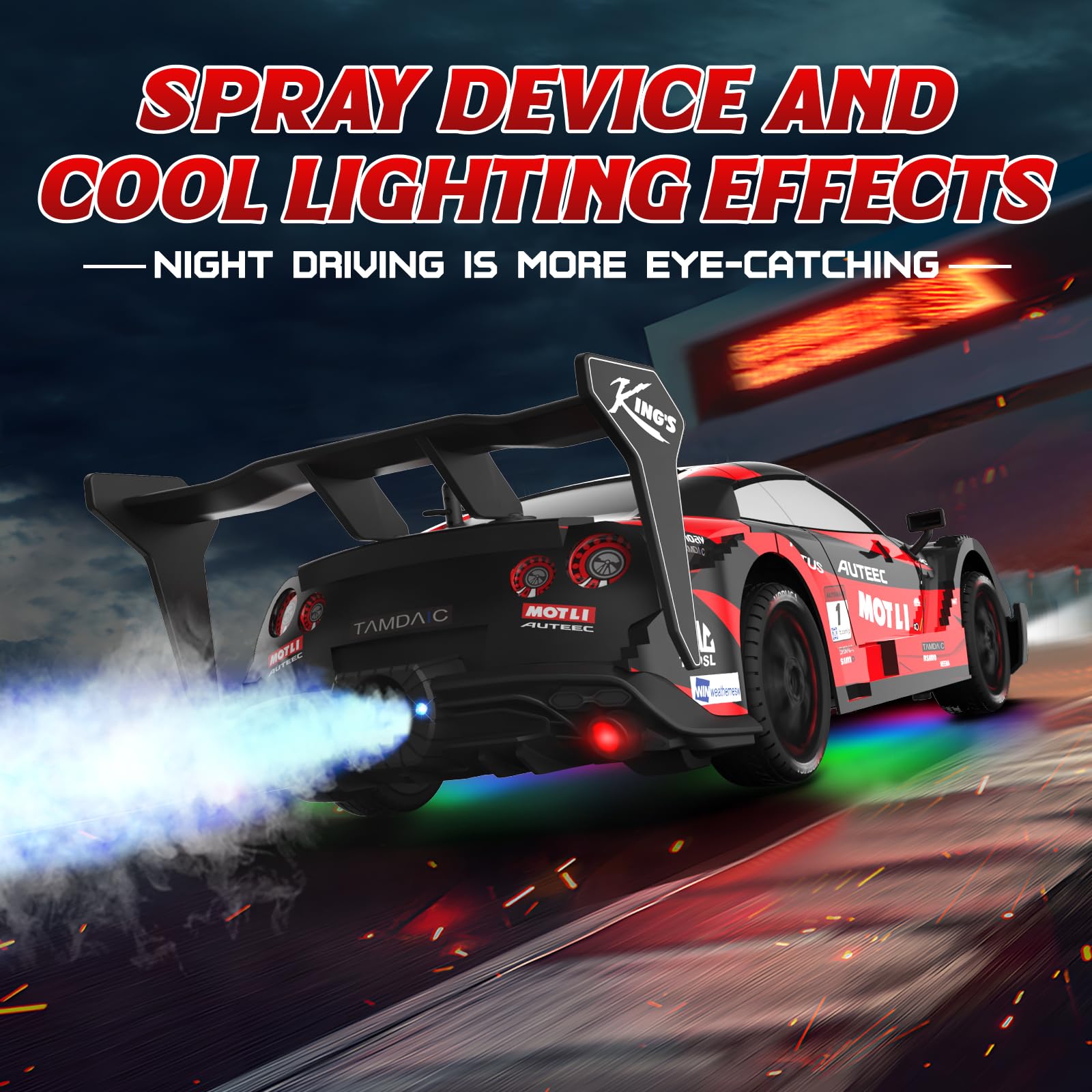 LFOLUSU RC drift car with LED headlights enables night driving excitement.